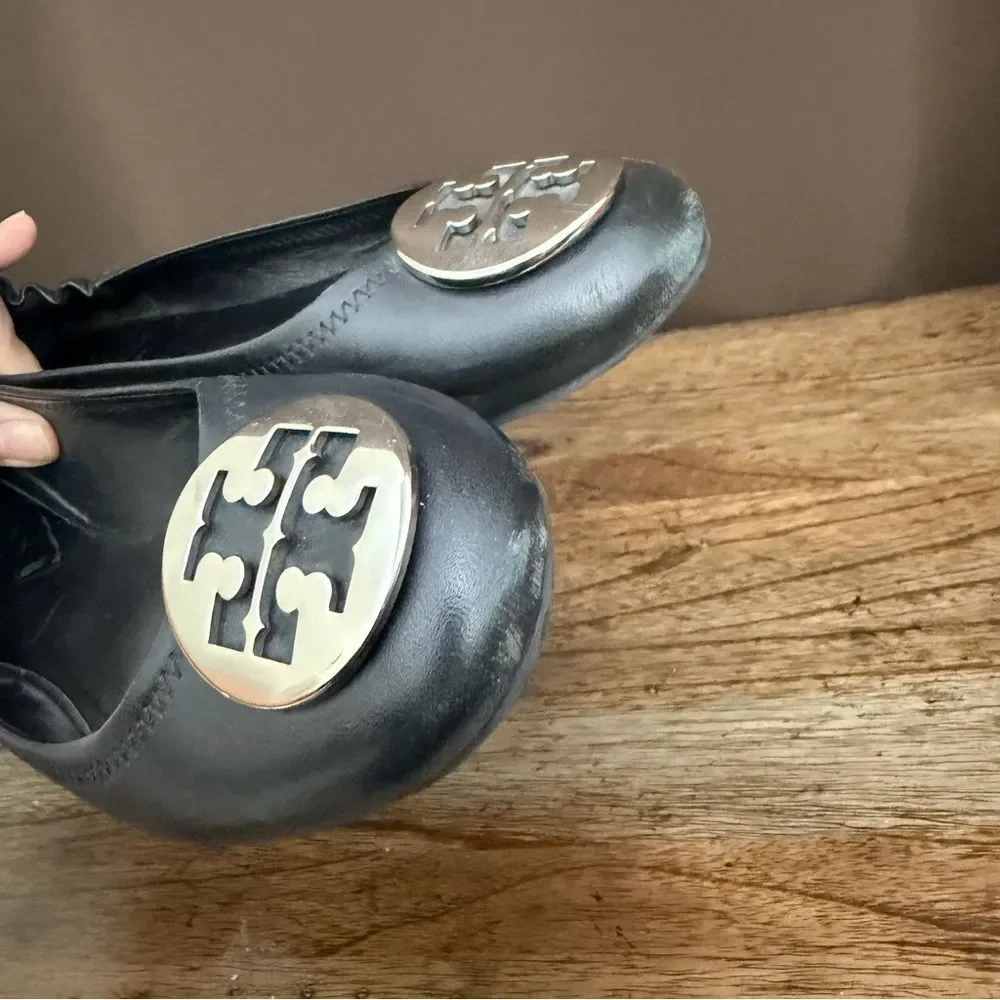 Tory Burch Black Leather Logo Reva Ballet Flats with Silver Emblem Discs